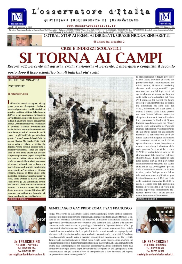 L'osservatore d'Italia edizione del 15 Settembre 2014
